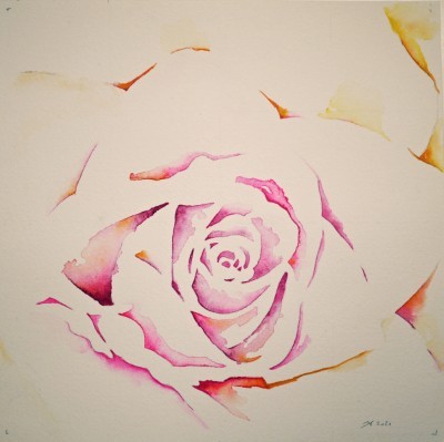 Aquarellbild einer Rose in expressiven Lila- und Gelbtönen
